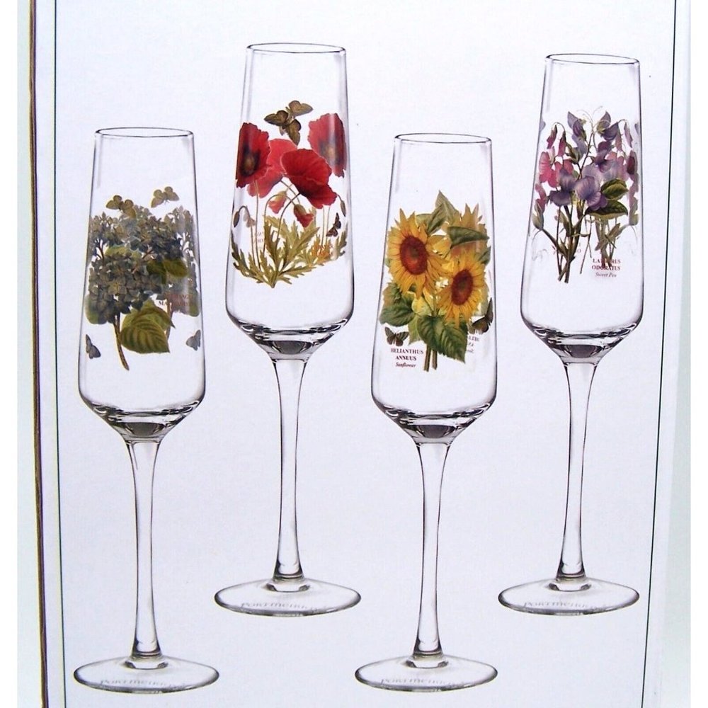 Portmeirion Botanic Garden Set of 4 Champagne Flutes Glass 8 oz. New in Box